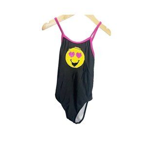 Emojination Girls One‎ Piece Swimsuit Sequin Emoji XS Black Yellow Cross Back